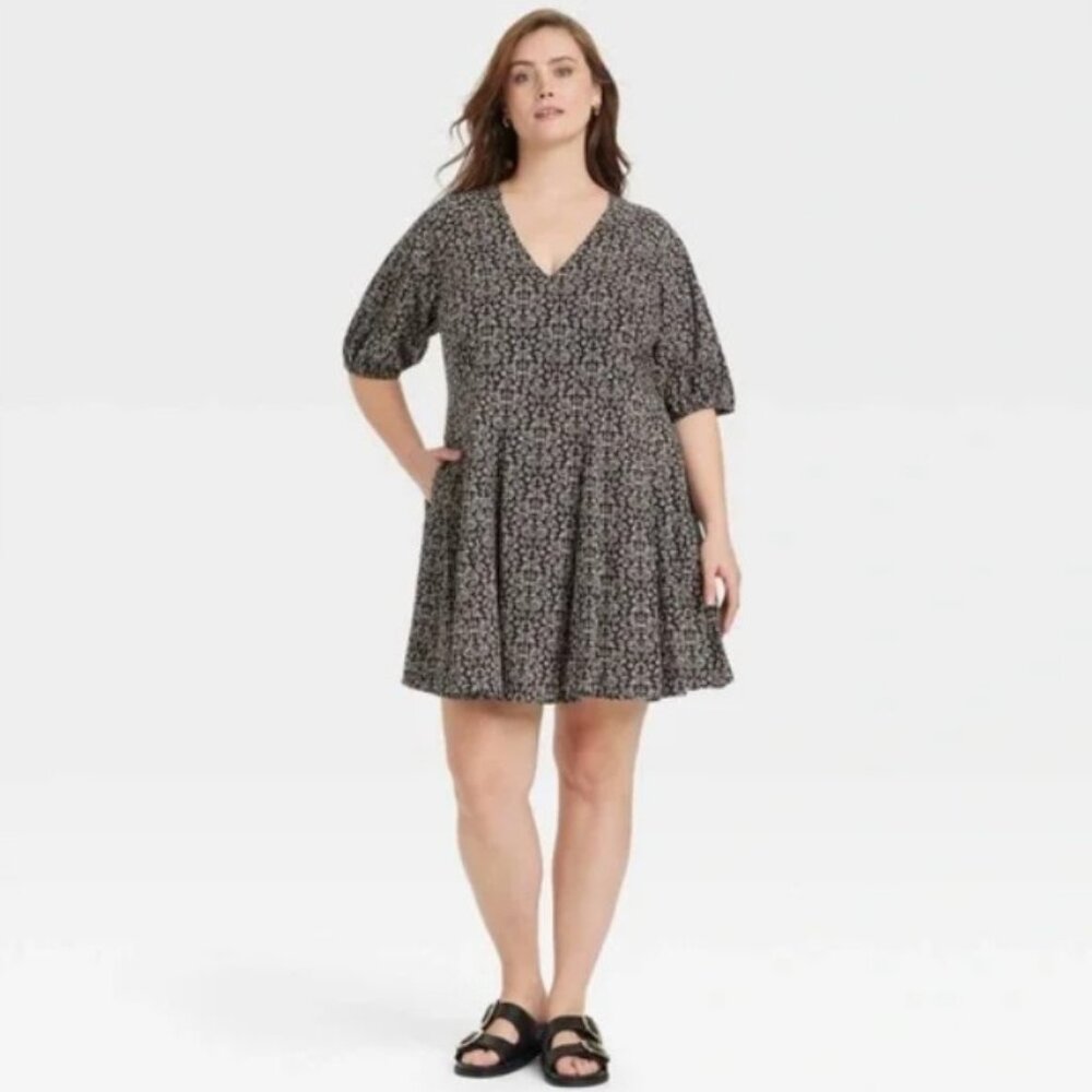 Universal Thread Black White Floral Mini Above Knee Elbow Sleeve Dress NWT 1X